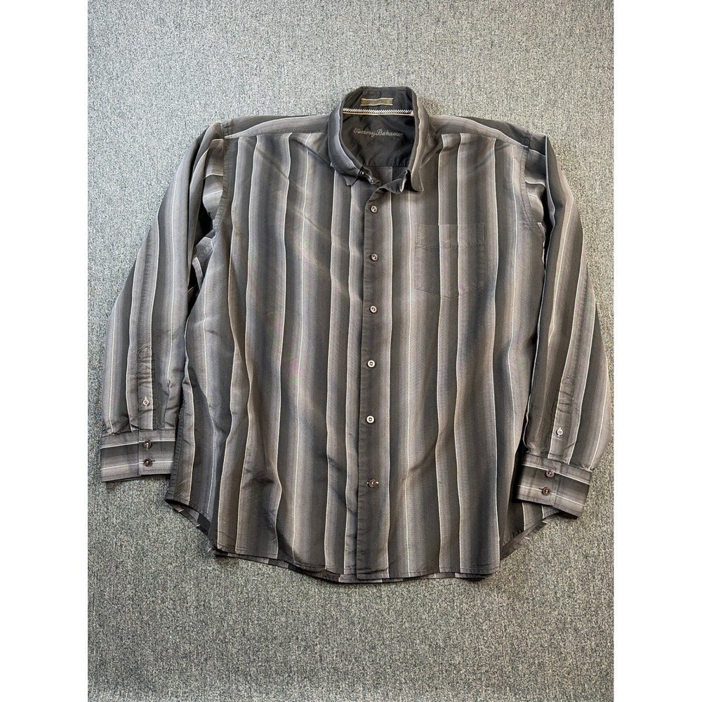 Tommy Bahama Mens XXL 100% Silk Long Sleeve Button Down Shirt Grey Ombre Stripe